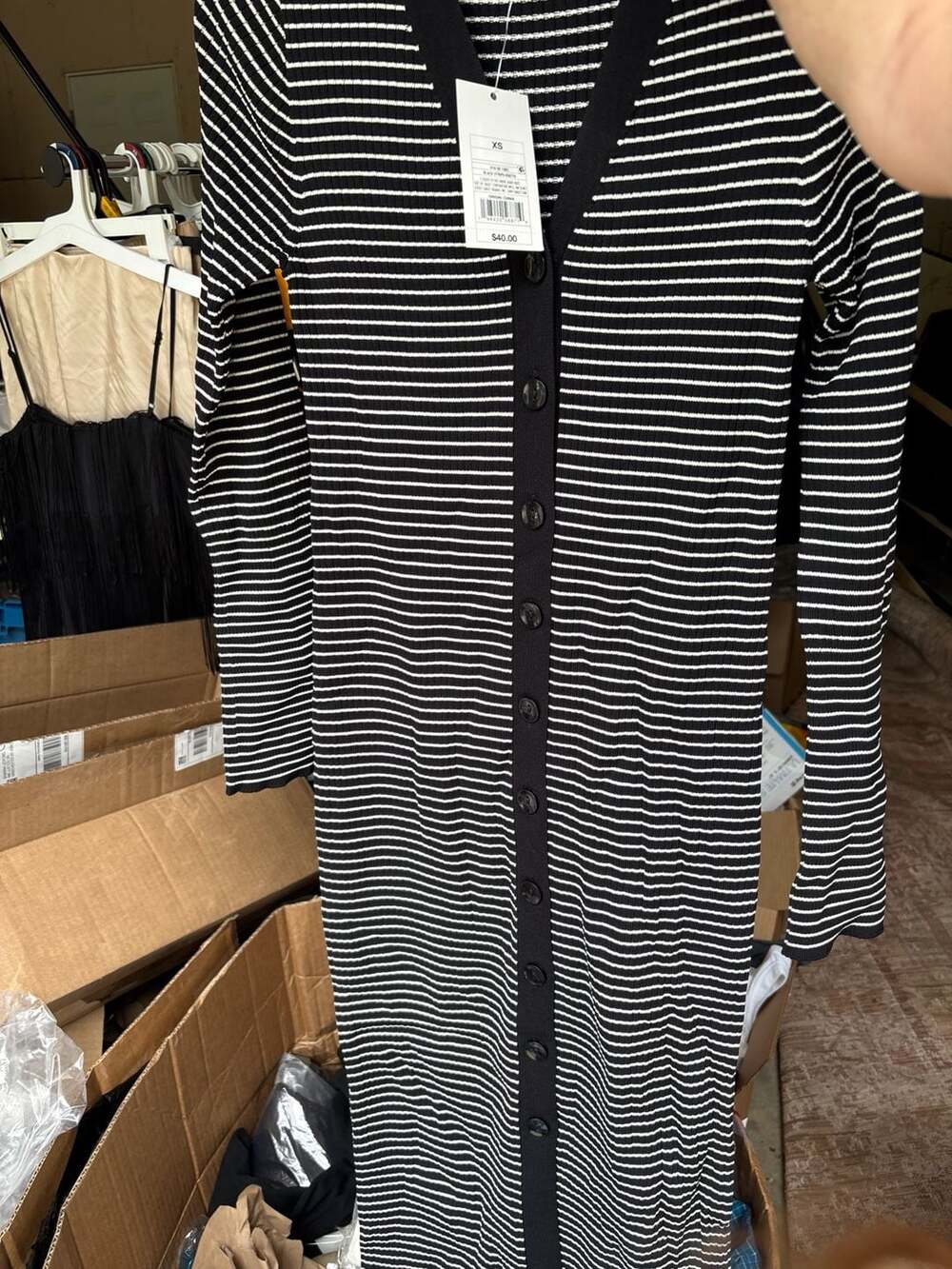 A New Day Ribbed Button Front Midi Dress Size XS Black Stripe